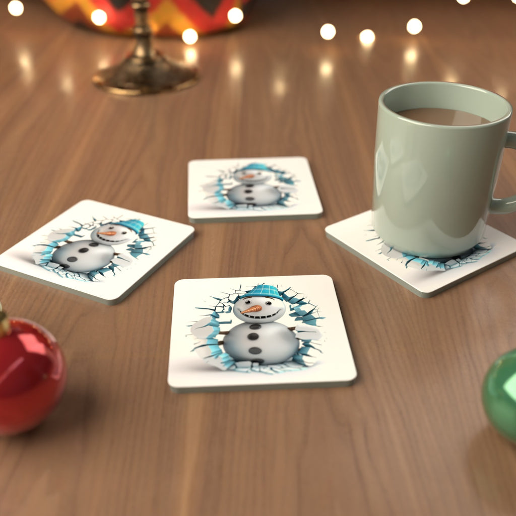 3D Snowman Breaking Through Ice Square Glass Coasters – Set of 6 – cosy lifestyle mockup