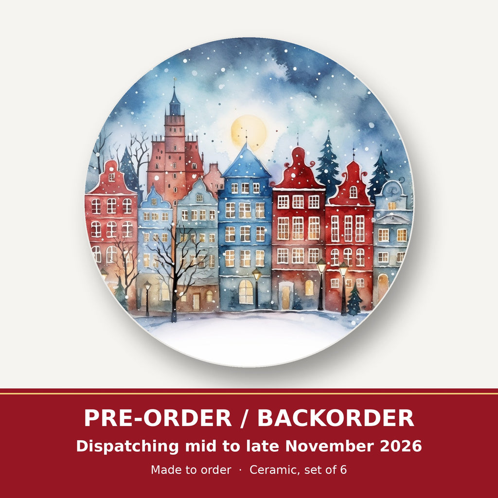 Watercolour Christmas Town round ceramic coaster set of 6 – pre-order / backorder, dispatching mid to late November 2026
