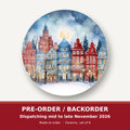 Watercolour Christmas Town round ceramic coaster set of 6 – pre-order / backorder, dispatching mid to late November 2026