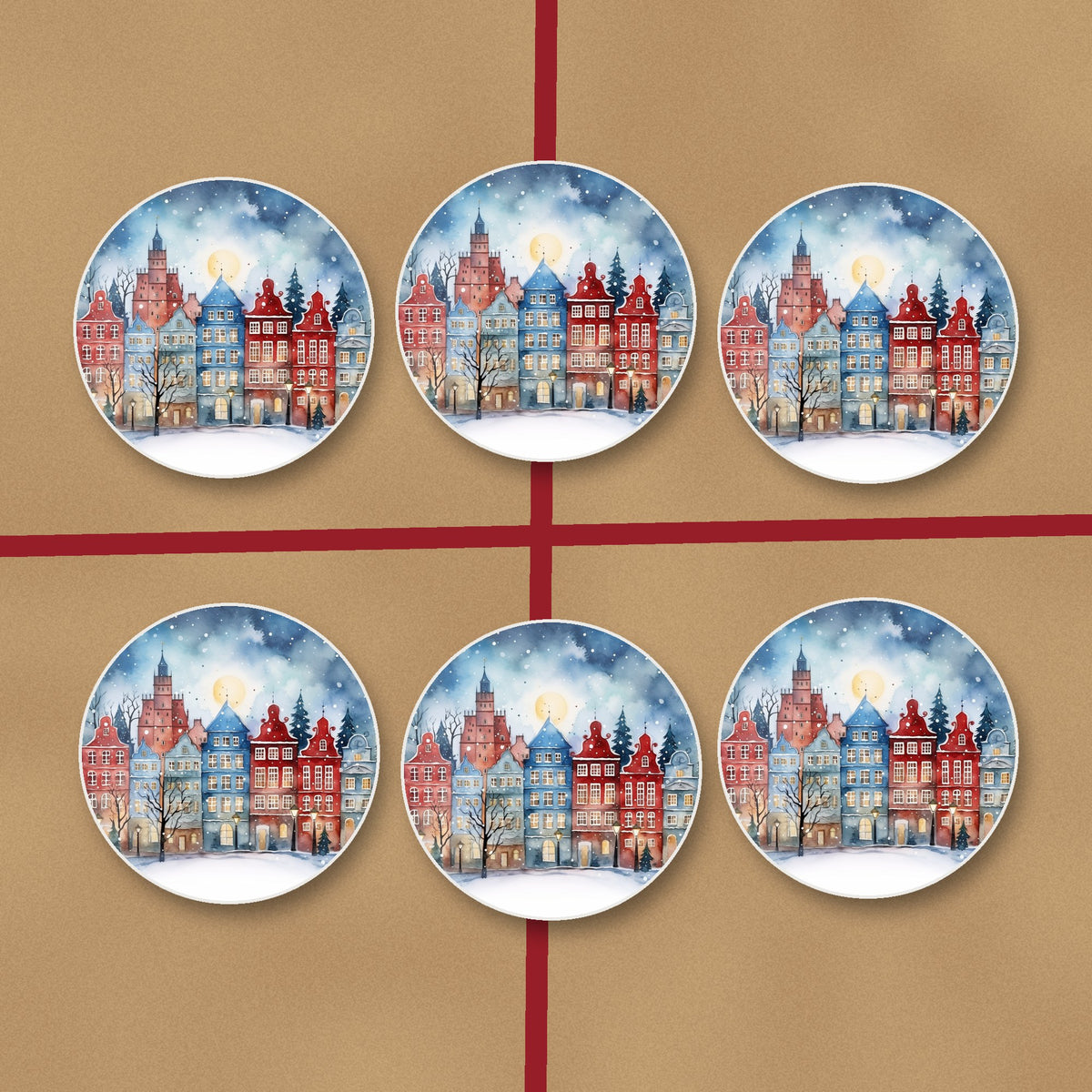 Watercolour Christmas Town round ceramic coasters on kraft gift wrap