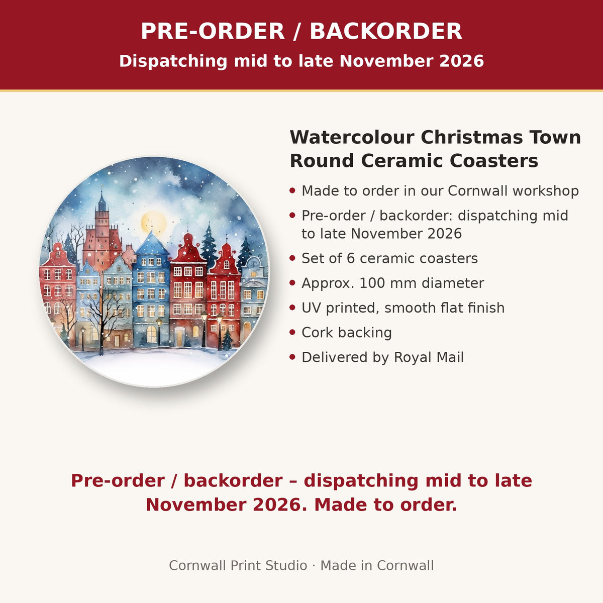 Info card: Watercolour Christmas Town Round Ceramic Coasters – Set of 6, made to order, dispatching mid to late November 2026, delivered by Royal Mail
