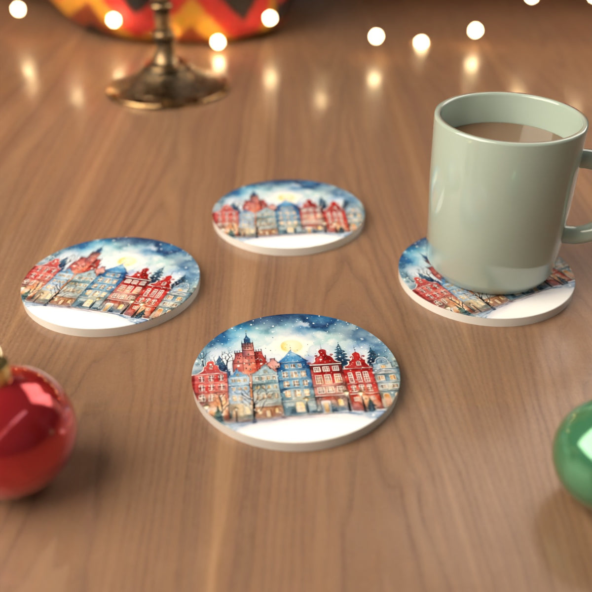 Watercolour Christmas Town Round Ceramic Coasters – Set of 6 – cosy lifestyle mockup