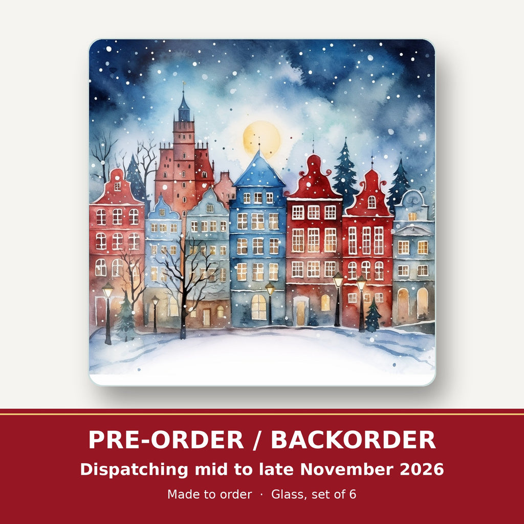 Watercolour Christmas Town square glass coaster set of 6 – pre-order / backorder, dispatching mid to late November 2026