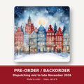 Watercolour Christmas Town square glass coaster set of 6 – pre-order / backorder, dispatching mid to late November 2026