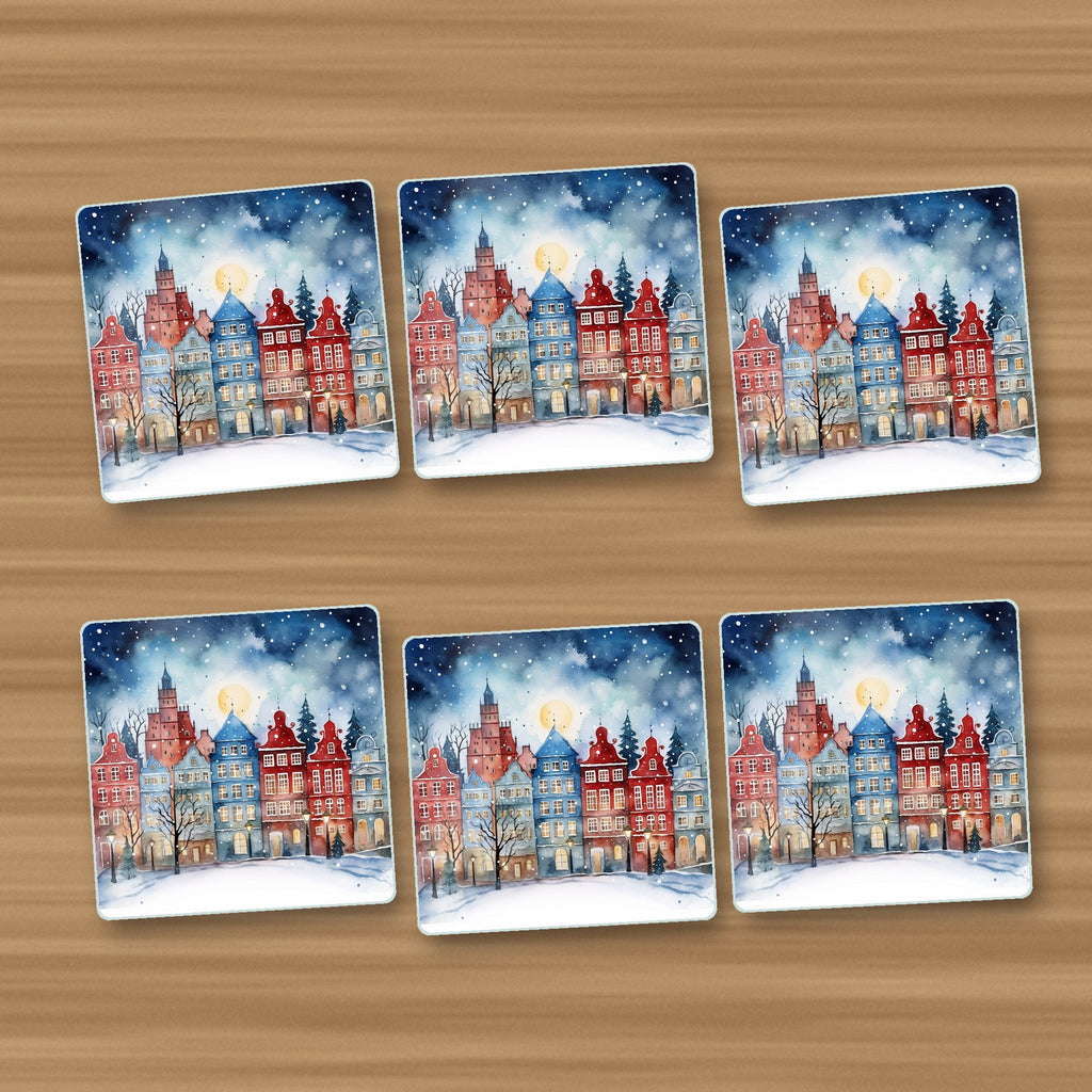 Watercolour Christmas Town square glass coasters, set of 6, on an oak coffee table