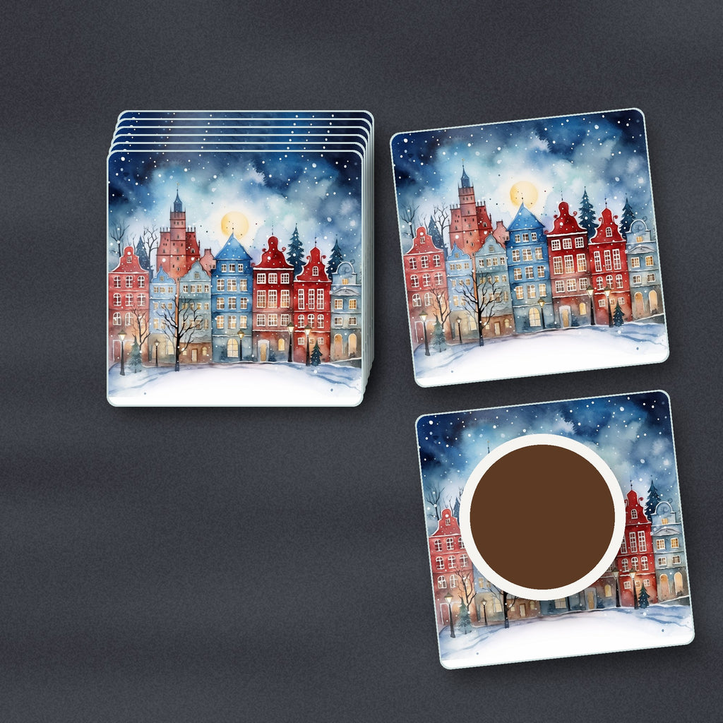 Watercolour Christmas Town square glass coasters stacked on a slate kitchen worktop