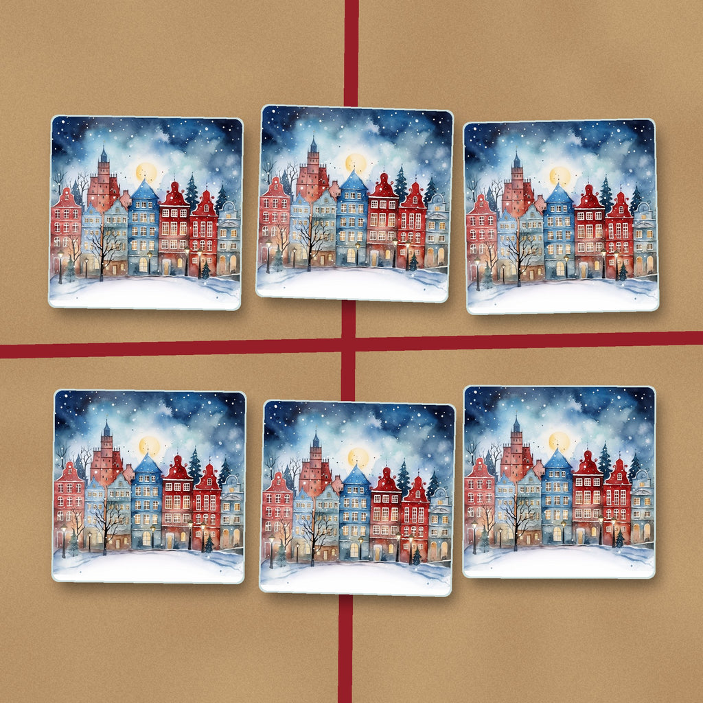 Watercolour Christmas Town square glass coasters on kraft gift wrap