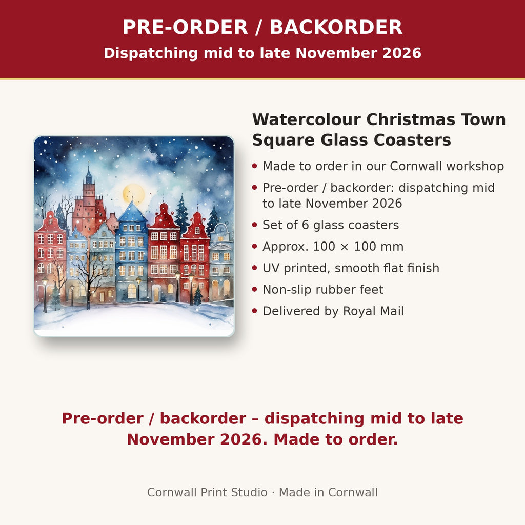 Info card: Watercolour Christmas Town Square Glass Coasters – Set of 6, made to order, dispatching mid to late November 2026, delivered by Royal Mail