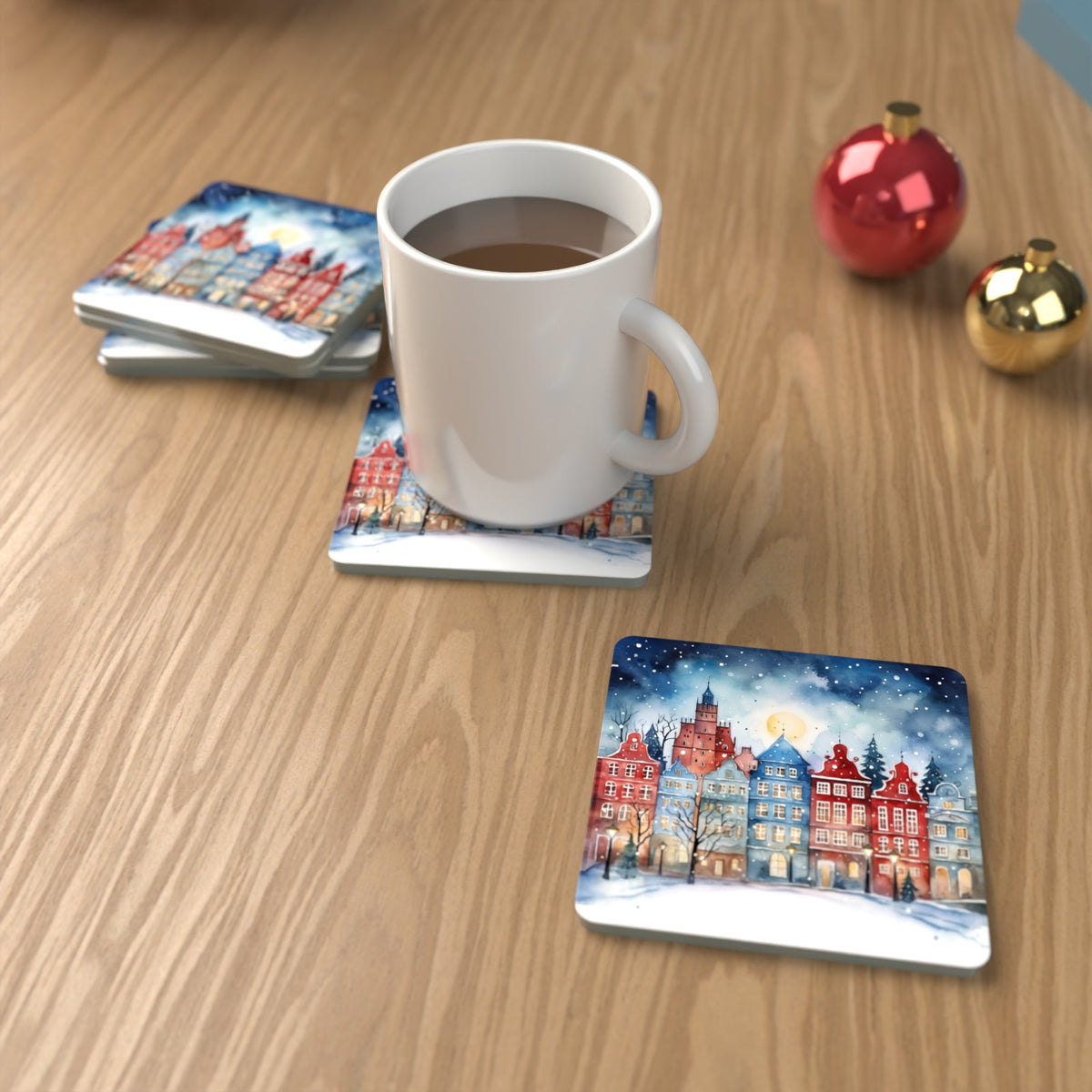 Watercolour Christmas Town Square Glass Coasters – Set of 6 – lifestyle mockup with a mug of coffee