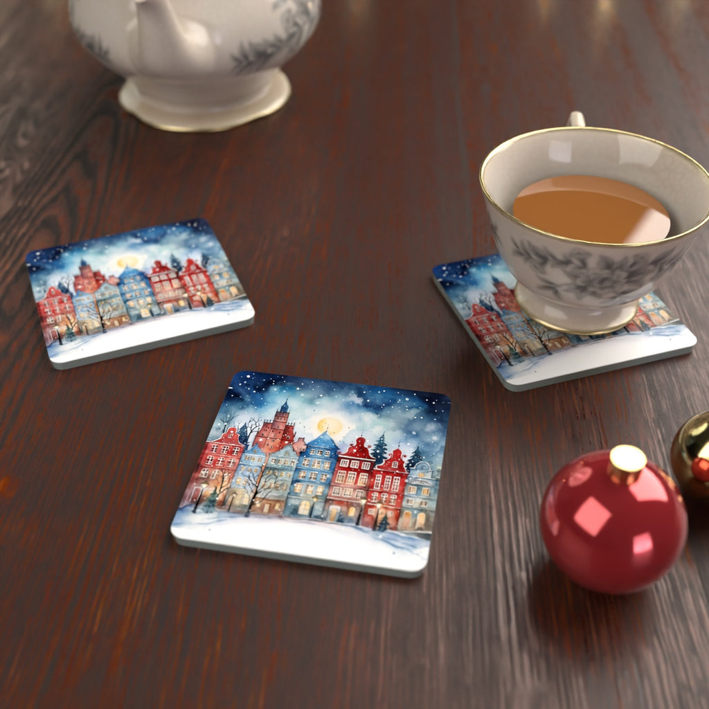 Watercolour Christmas Town Square Glass Coasters – Set of 6 – lifestyle mockup with a teacup