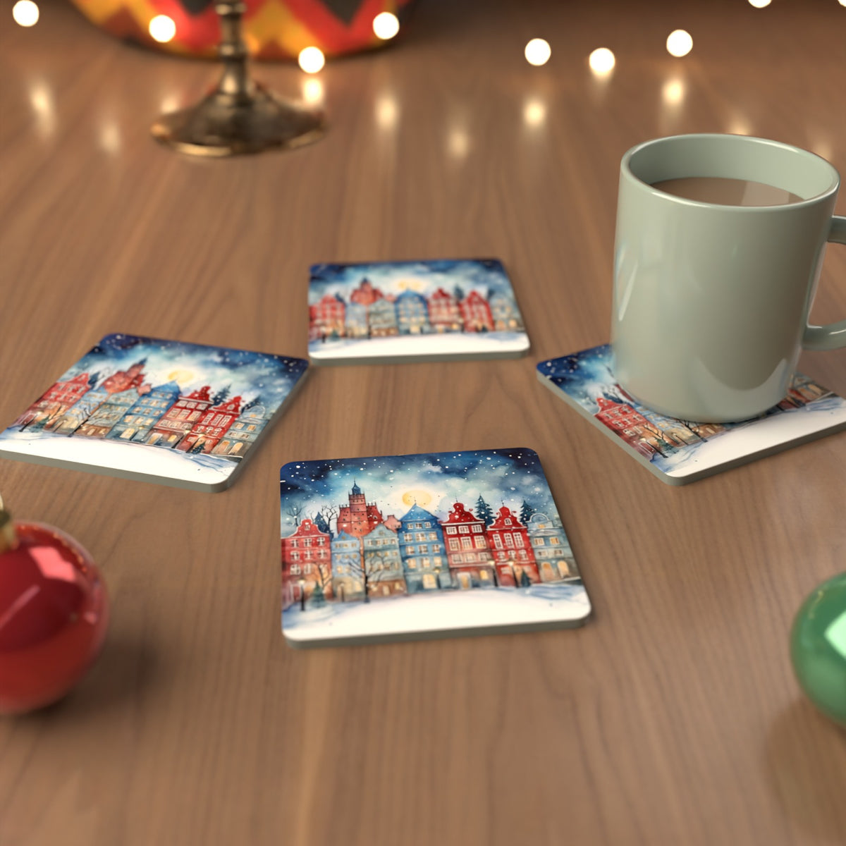 Watercolour Christmas Town Square Glass Coasters – Set of 6 – cosy lifestyle mockup