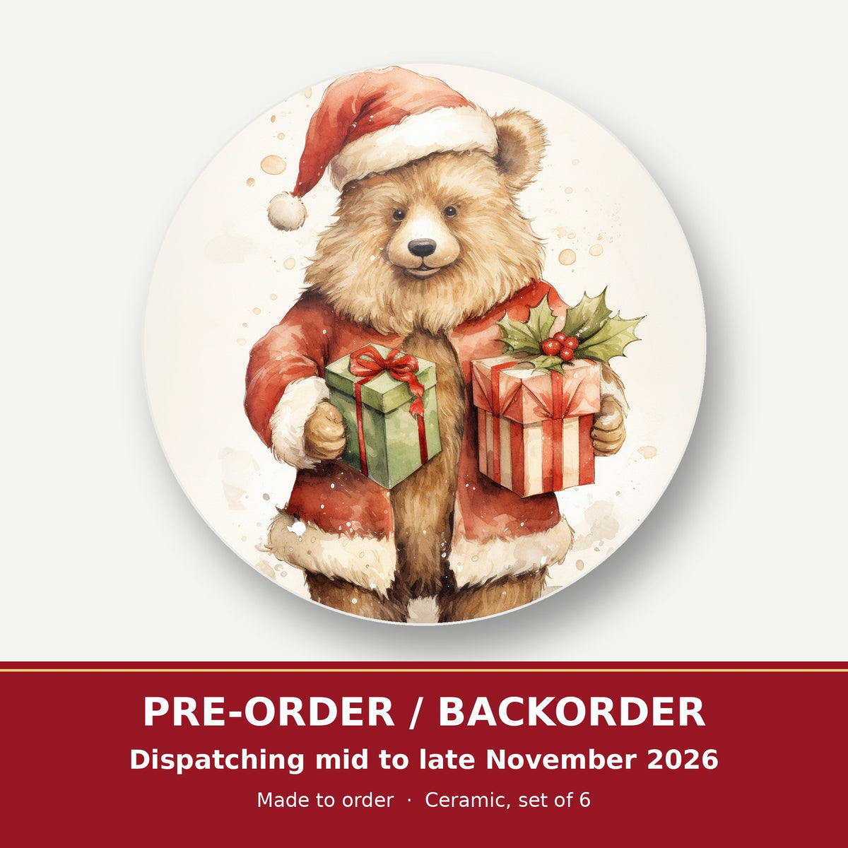 Christmas Teddy with Gifts round ceramic coaster set of 6 – pre-order / backorder, dispatching mid to late November 2026