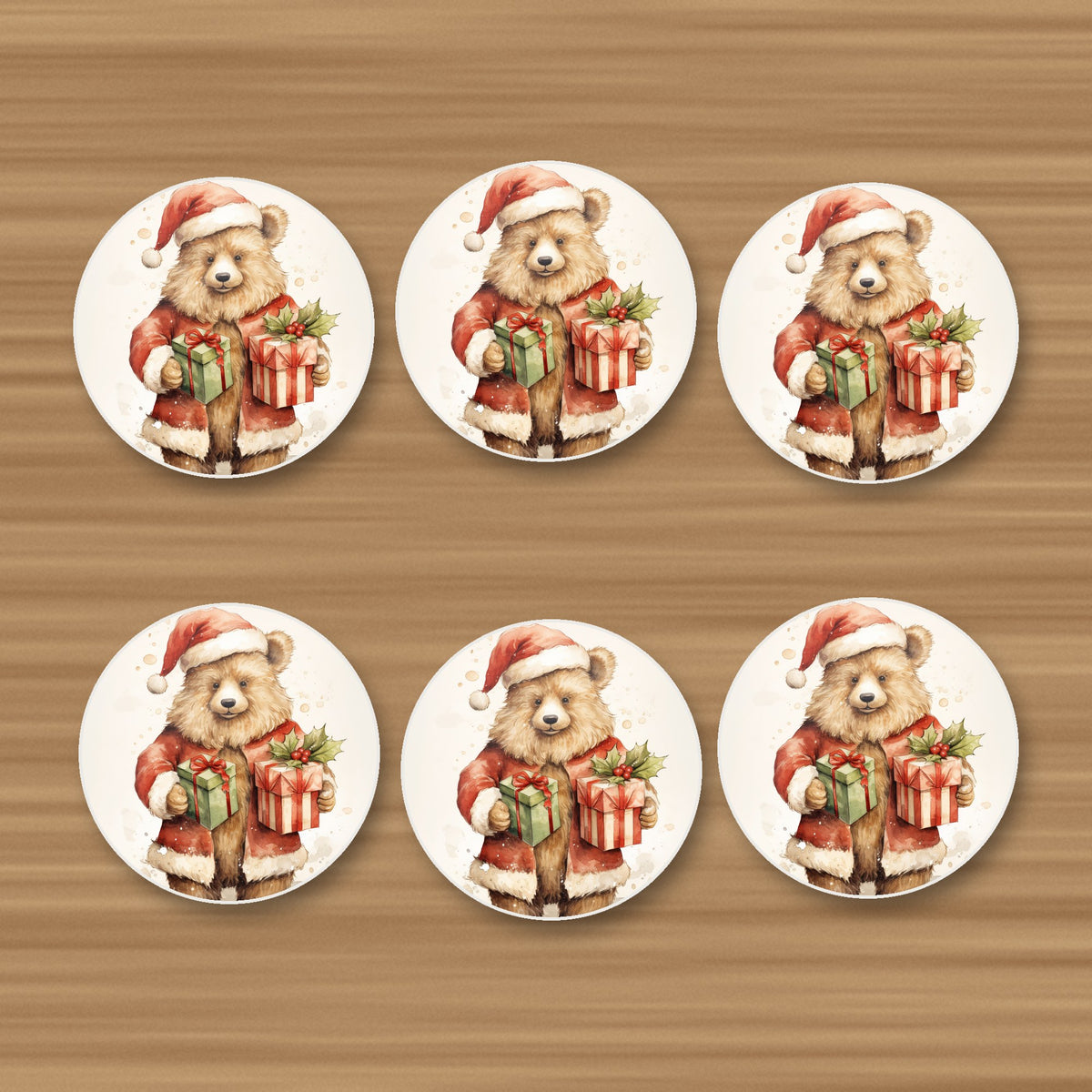 Christmas Teddy with Gifts round ceramic coasters, set of 6, on an oak coffee table