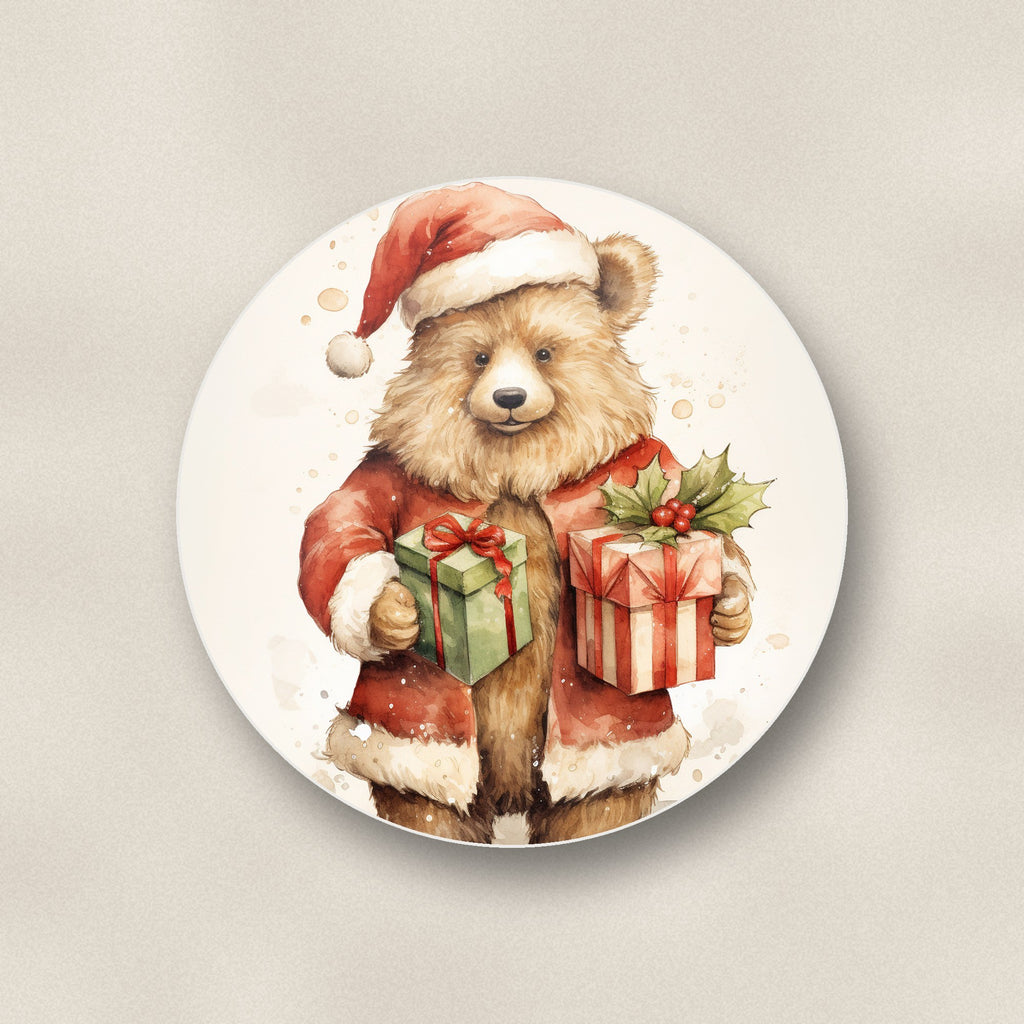Close-up of one christmas teddy with gifts round ceramic coaster, flat UV print