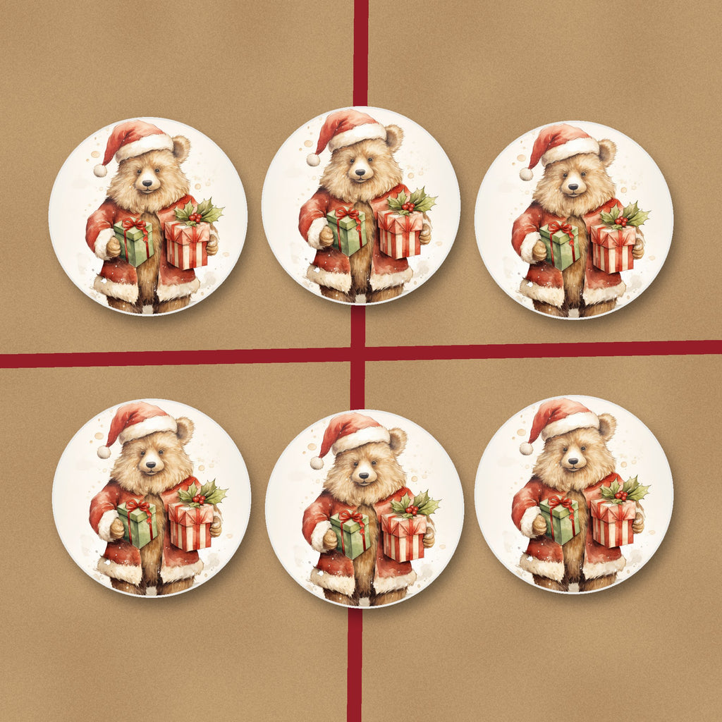 Christmas Teddy with Gifts round ceramic coasters on kraft gift wrap