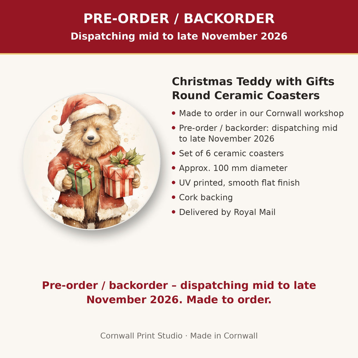 Info card: Christmas Teddy with Gifts Round Ceramic Coasters – Set of 6, made to order, dispatching mid to late November 2026, delivered by Royal Mail