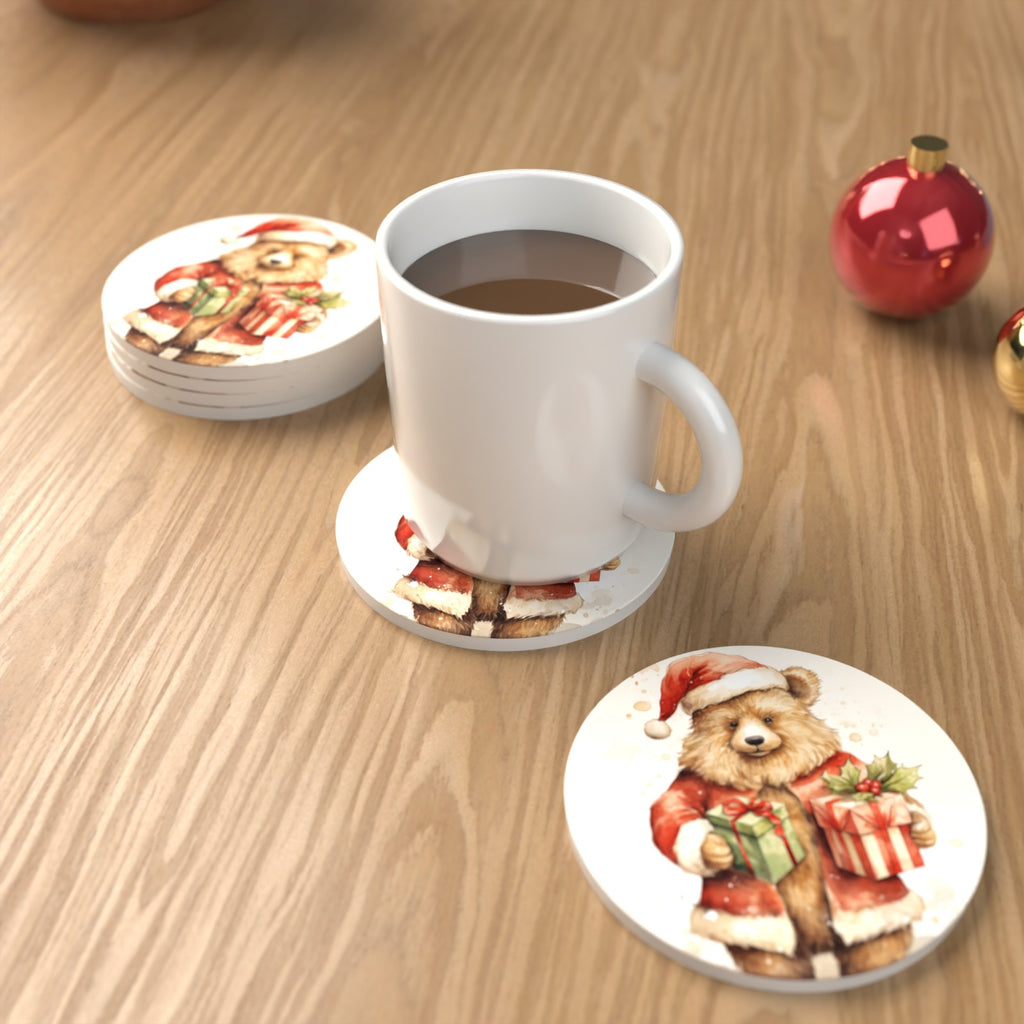 Christmas Teddy with Gifts Round Ceramic Coasters – Set of 6 – lifestyle mockup with a mug of coffee