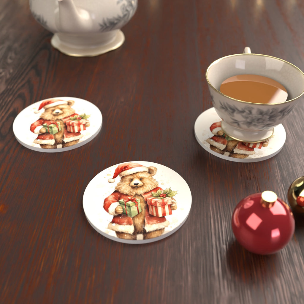 Christmas Teddy with Gifts Round Ceramic Coasters – Set of 6 – lifestyle mockup with a teacup