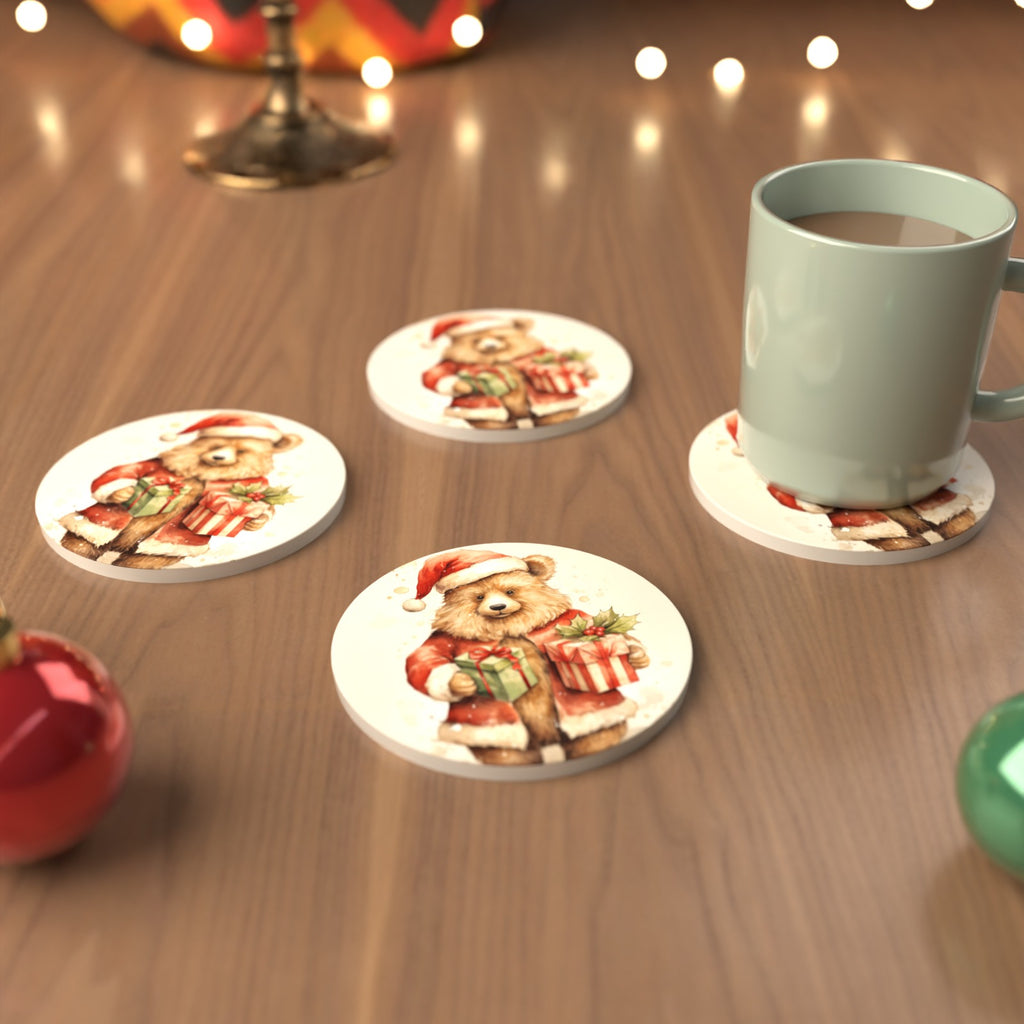 Christmas Teddy with Gifts Round Ceramic Coasters – Set of 6 – cosy lifestyle mockup