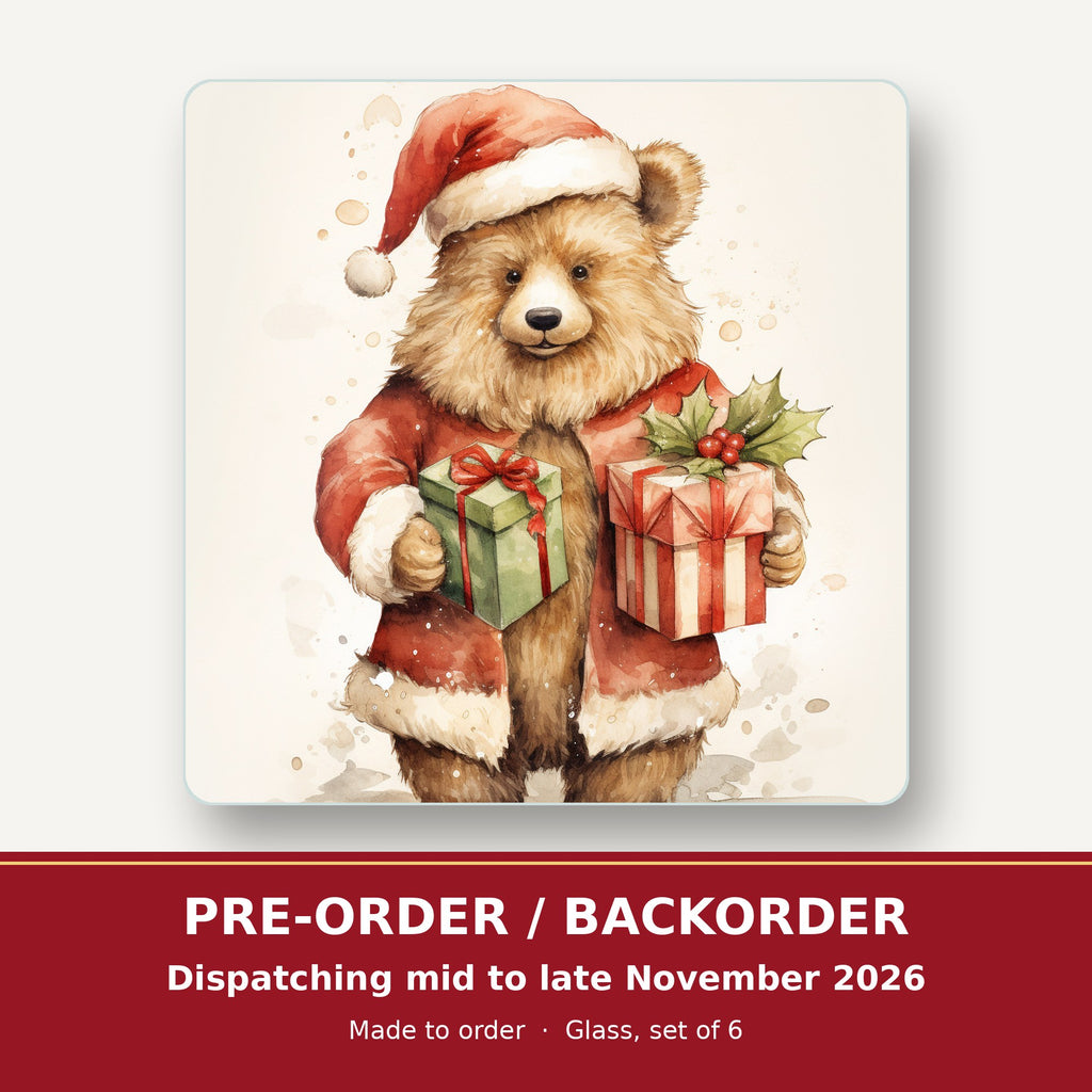 Christmas Teddy with Gifts square glass coaster set of 6 – pre-order / backorder, dispatching mid to late November 2026