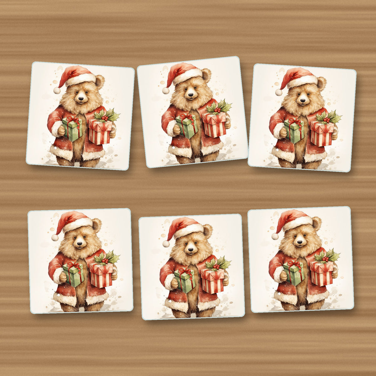 Christmas Teddy with Gifts square glass coasters, set of 6, on an oak coffee table