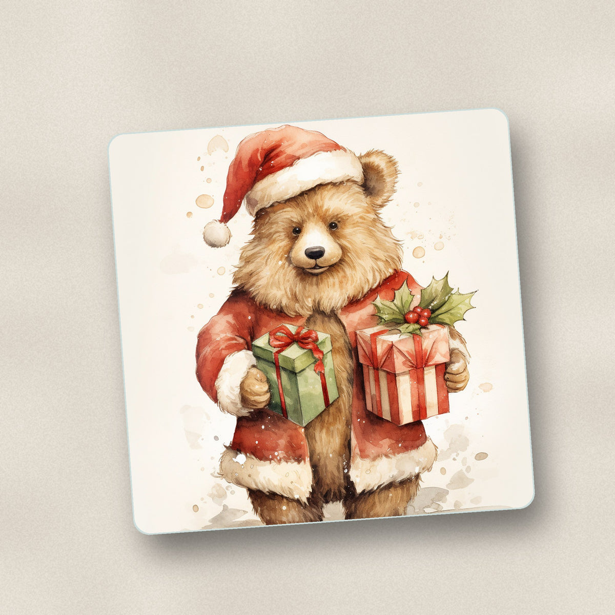 Close-up of one christmas teddy with gifts square glass coaster, flat UV print