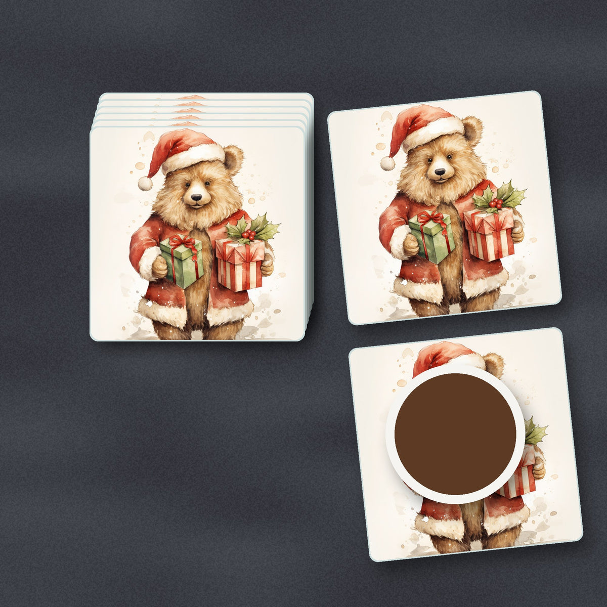 Christmas Teddy with Gifts square glass coasters stacked on a slate kitchen worktop