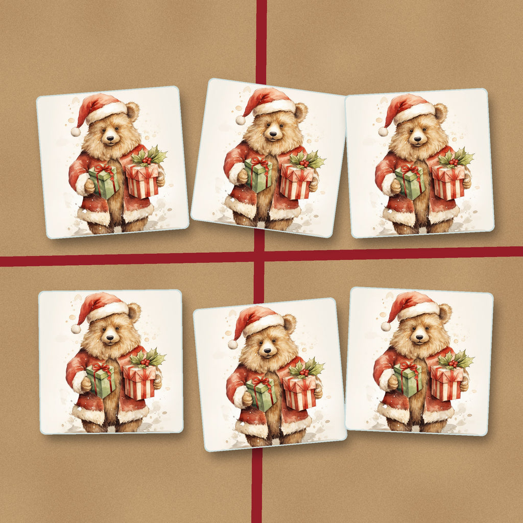 Christmas Teddy with Gifts square glass coasters on kraft gift wrap