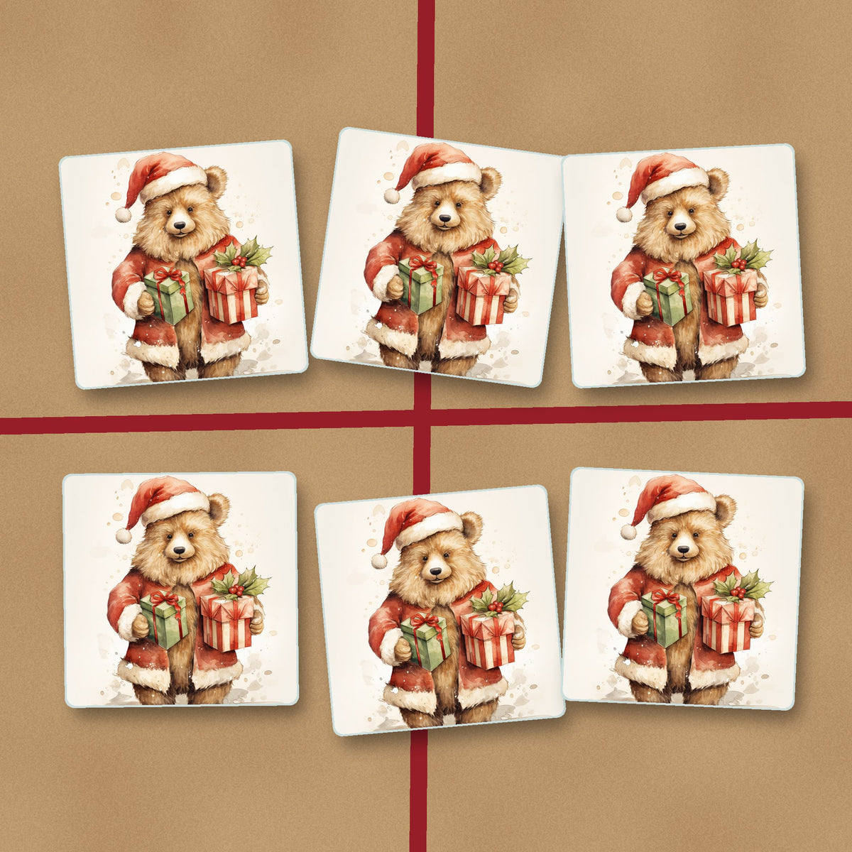 Christmas Teddy with Gifts square glass coasters on kraft gift wrap
