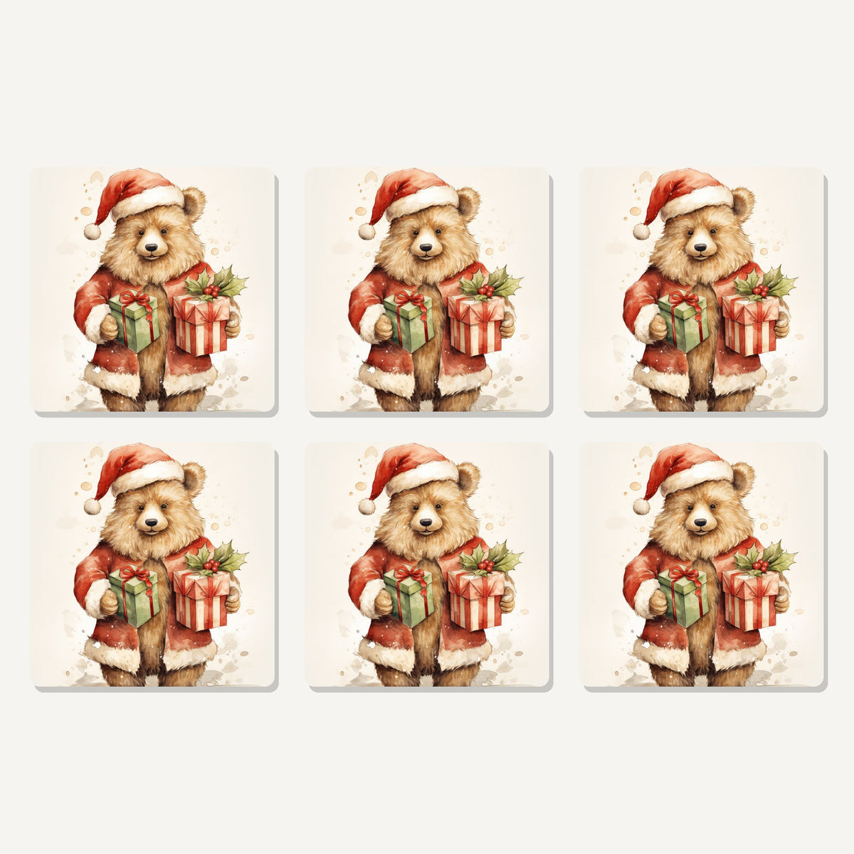 Flat lay of the christmas teddy with gifts artwork on six square coasters