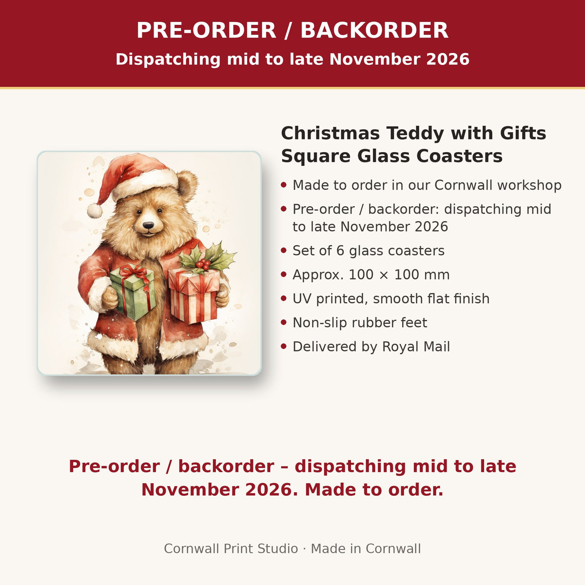 Info card: Christmas Teddy with Gifts Square Glass Coasters – Set of 6, made to order, dispatching mid to late November 2026, delivered by Royal Mail