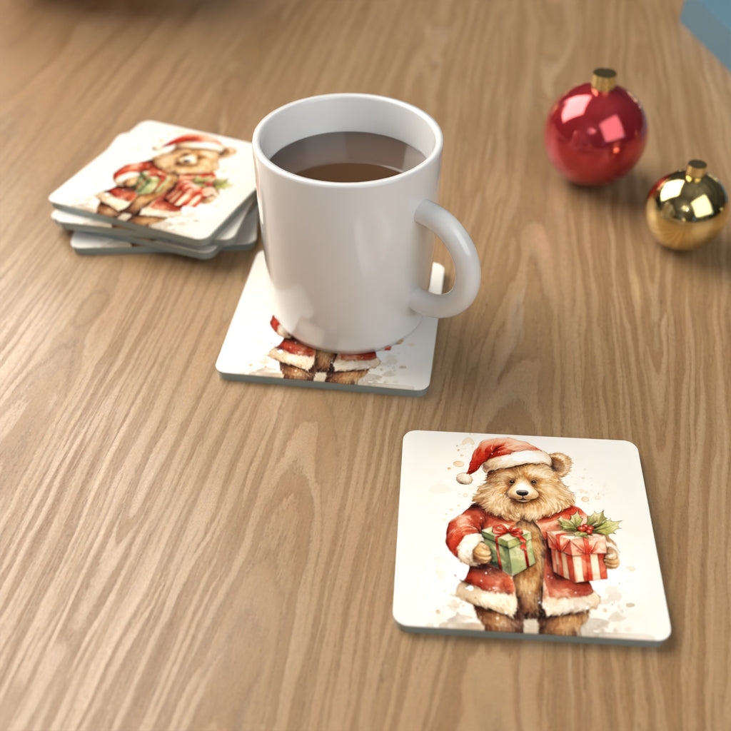 Christmas Teddy with Gifts Square Glass Coasters – Set of 6 – lifestyle mockup with a mug of coffee