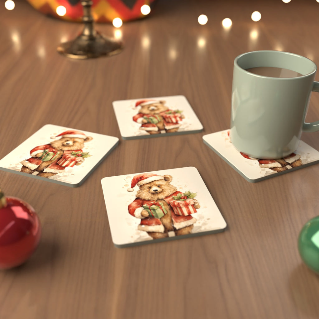 Christmas Teddy with Gifts Square Glass Coasters – Set of 6 – cosy lifestyle mockup