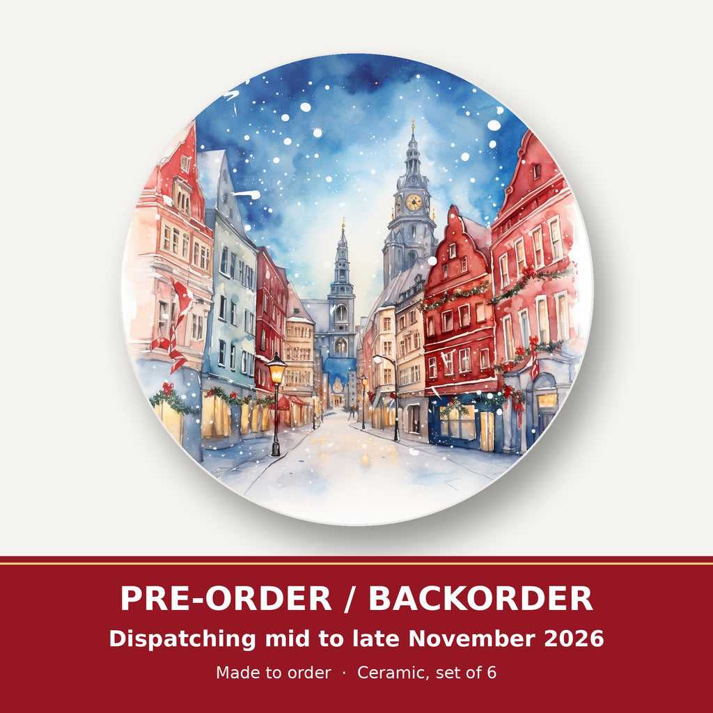 Snowy Christmas Street Watercolour round ceramic coaster set of 6 – pre-order / backorder, dispatching mid to late November 2026