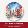 Snowy Christmas Street Watercolour round ceramic coaster set of 6 – pre-order / backorder, dispatching mid to late November 2026