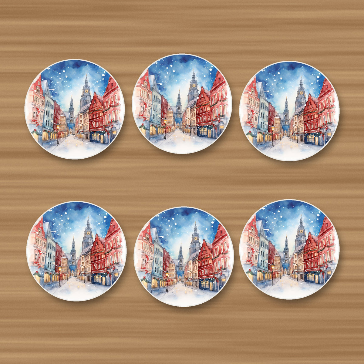 Snowy Christmas Street Watercolour round ceramic coasters, set of 6, on an oak coffee table