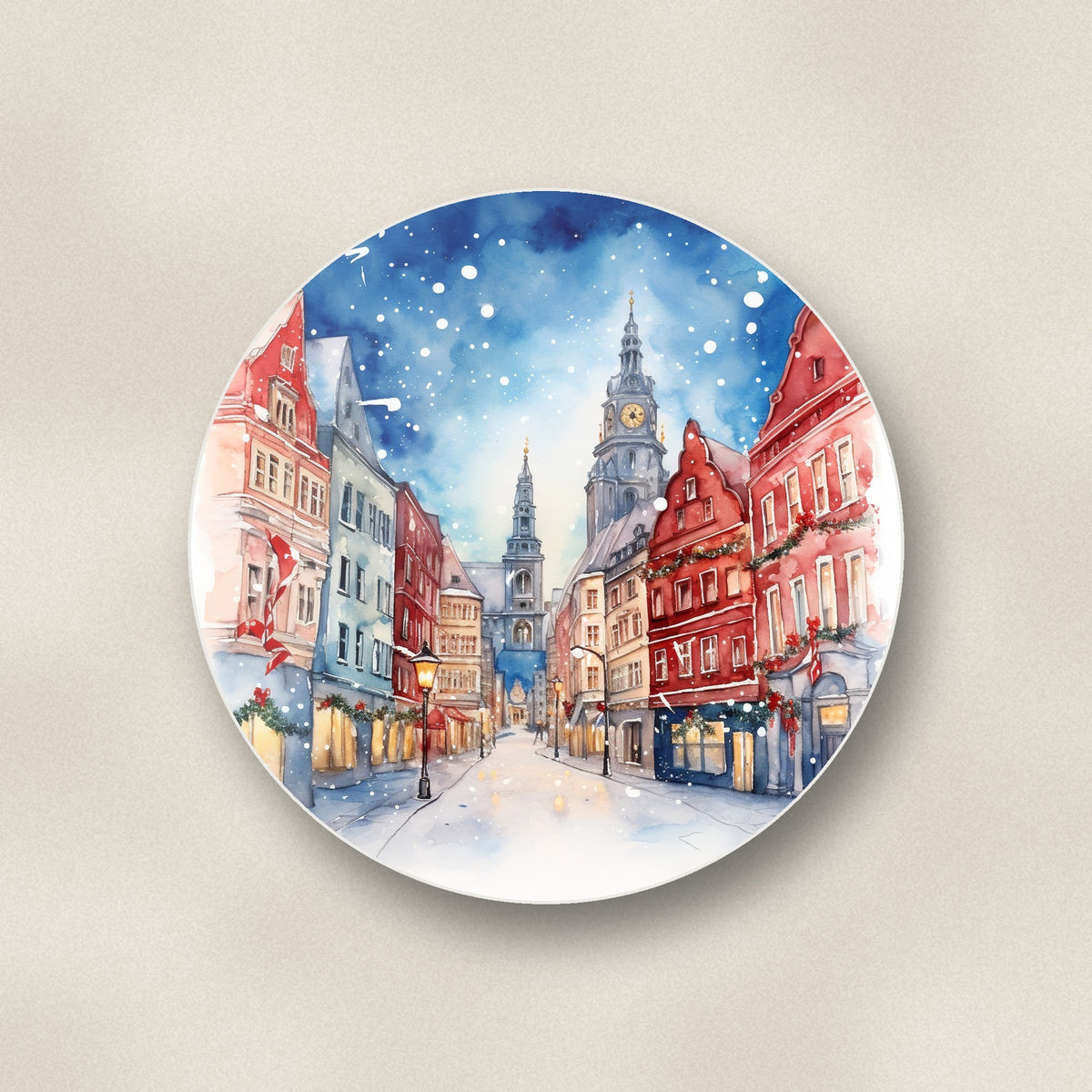 Close-up of one snowy christmas street watercolour round ceramic coaster, flat UV print
