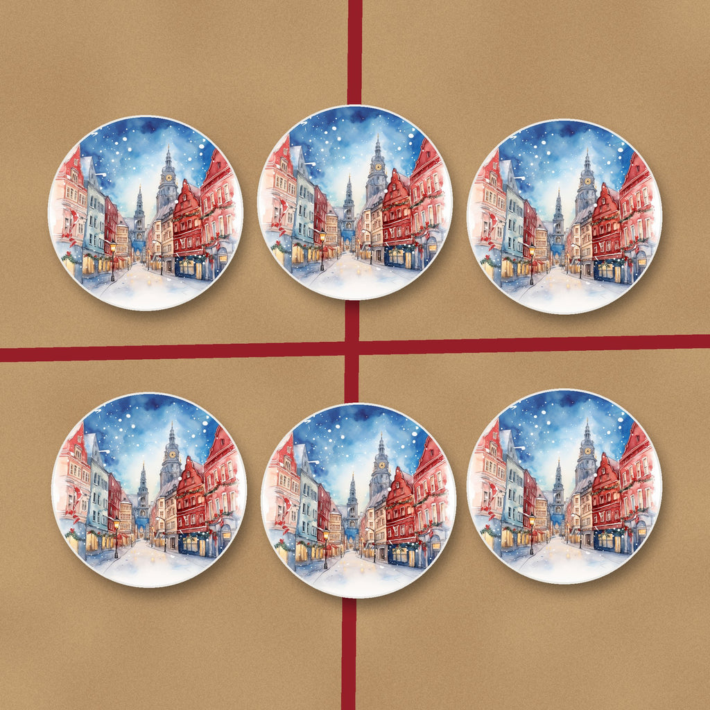 Snowy Christmas Street Watercolour round ceramic coasters on kraft gift wrap