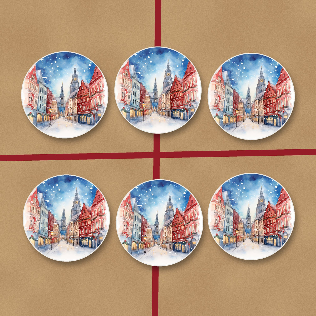 Snowy Christmas Street Watercolour round ceramic coasters on kraft gift wrap