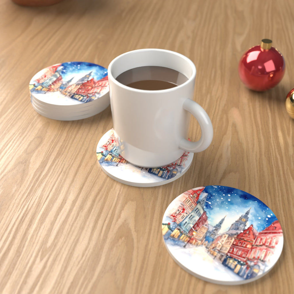Snowy Christmas Street Watercolour Round Ceramic Coasters – Set of 6 – lifestyle mockup with a mug of coffee