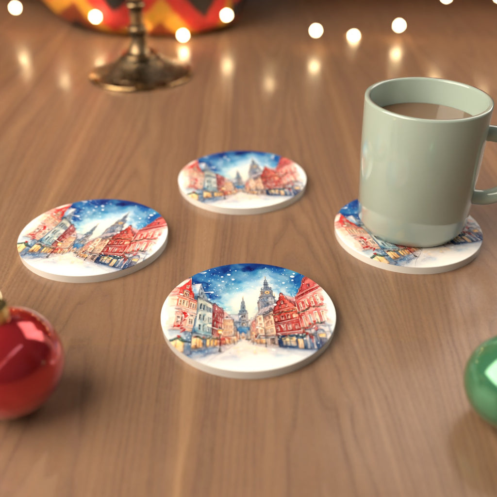 Snowy Christmas Street Watercolour Round Ceramic Coasters – Set of 6 – cosy lifestyle mockup