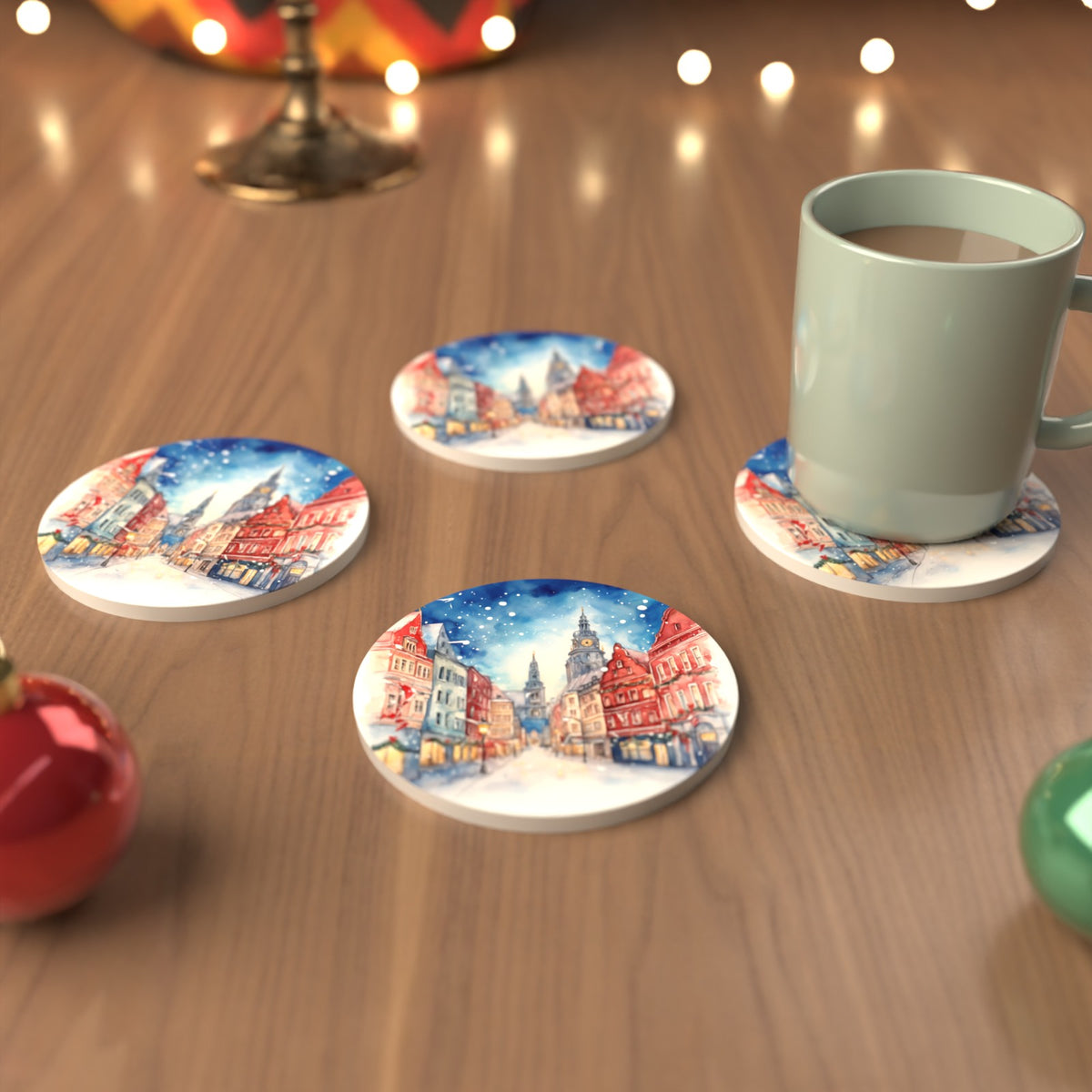 Snowy Christmas Street Watercolour Round Ceramic Coasters – Set of 6 – cosy lifestyle mockup