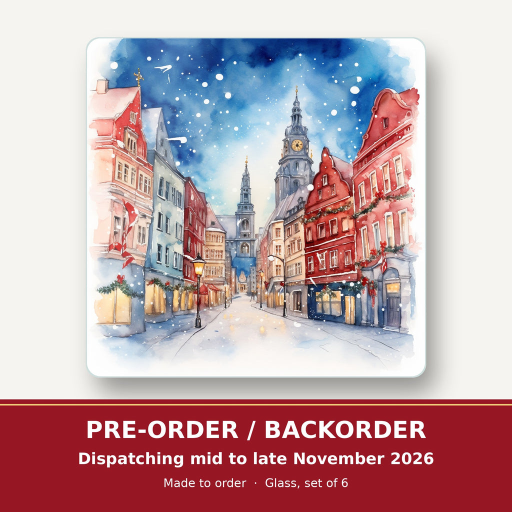 Snowy Christmas Street Watercolour square glass coaster set of 6 – pre-order / backorder, dispatching mid to late November 2026