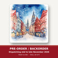 Snowy Christmas Street Watercolour square glass coaster set of 6 – pre-order / backorder, dispatching mid to late November 2026