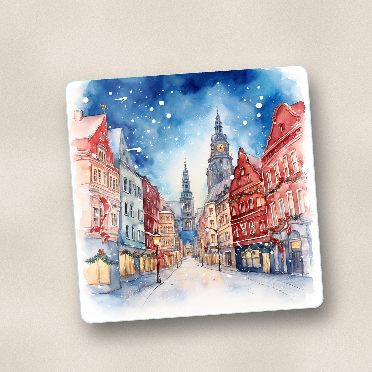 Close-up of one snowy christmas street watercolour square glass coaster, flat UV print