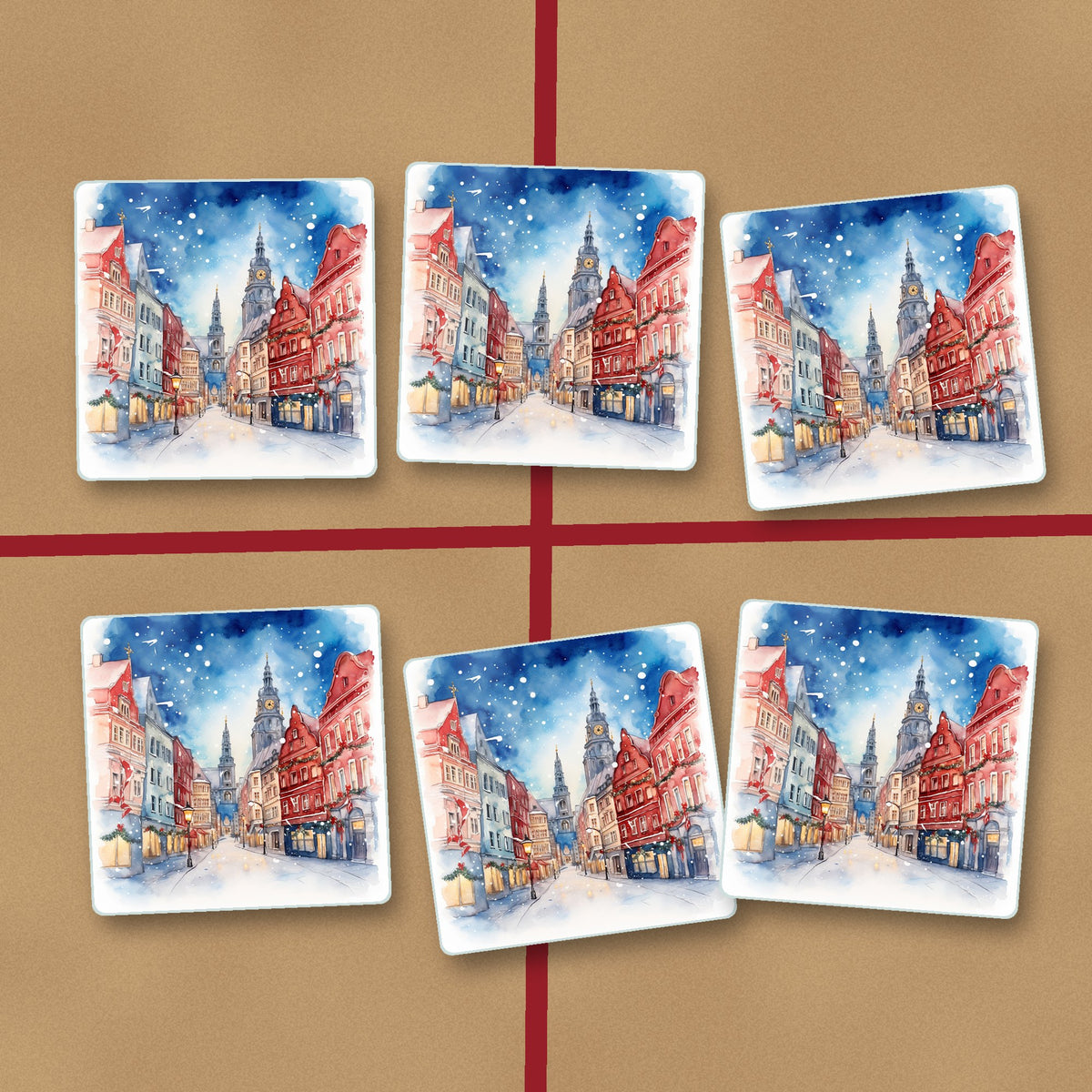 Snowy Christmas Street Watercolour square glass coasters on kraft gift wrap