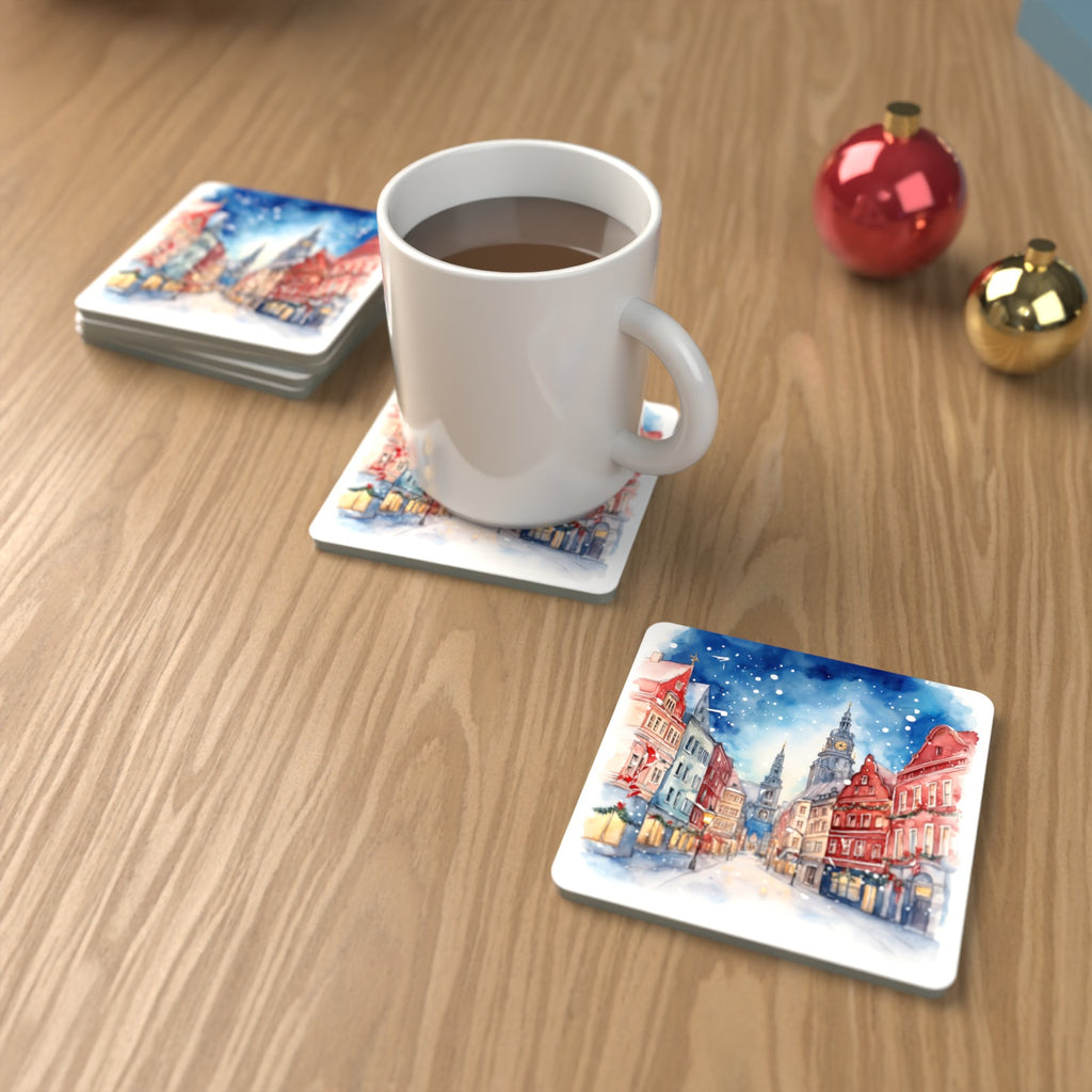 Snowy Christmas Street Watercolour Square Glass Coasters – Set of 6 – lifestyle mockup with a mug of coffee