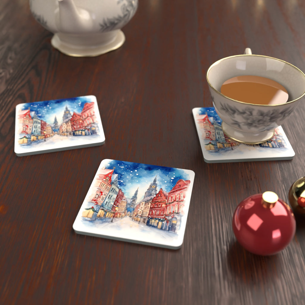 Snowy Christmas Street Watercolour Square Glass Coasters – Set of 6 – lifestyle mockup with a teacup