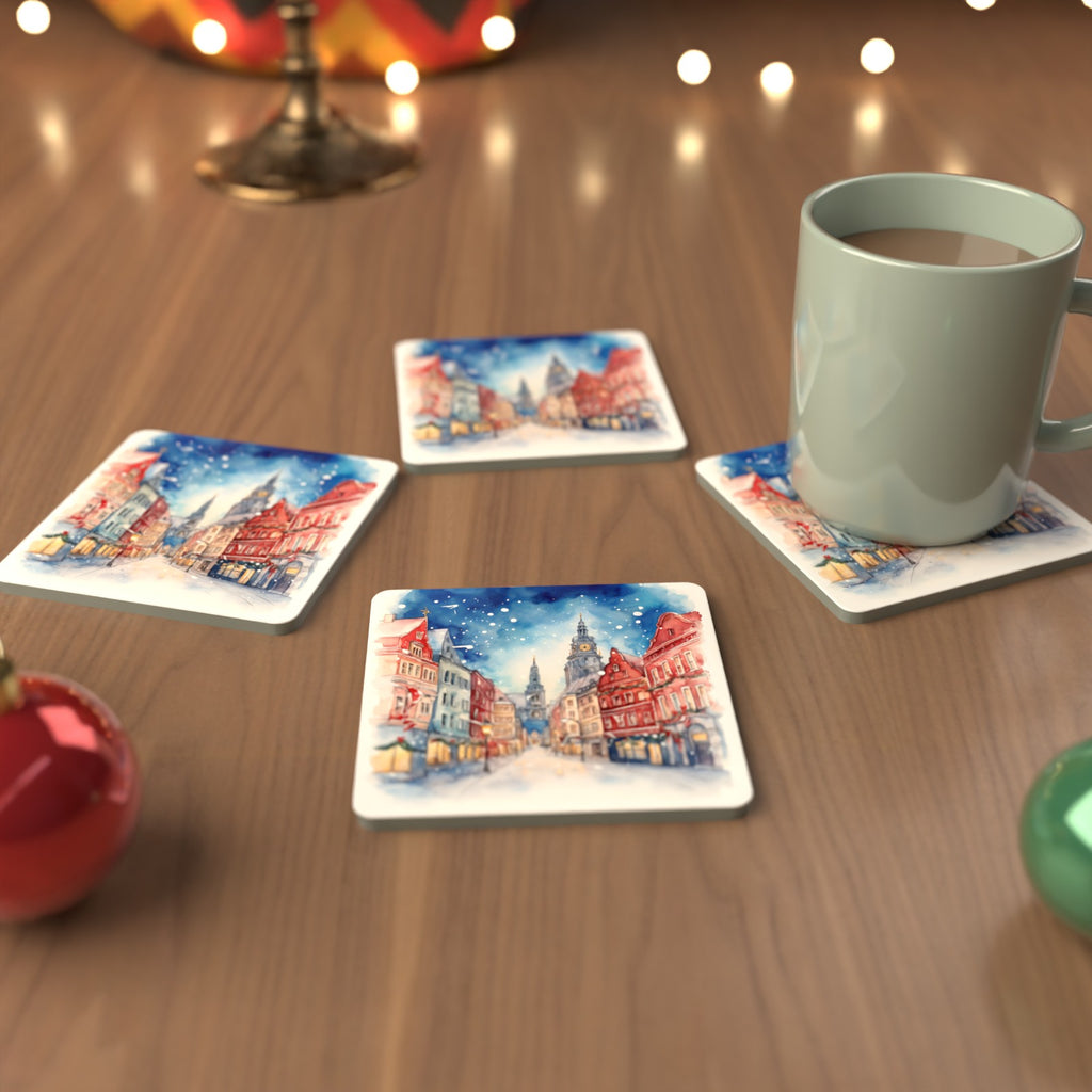 Snowy Christmas Street Watercolour Square Glass Coasters – Set of 6 – cosy lifestyle mockup