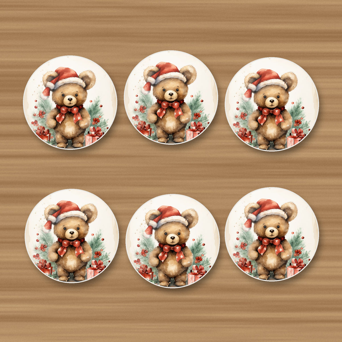 Christmas Teddy in Santa Hat round ceramic coasters, set of 6, on an oak coffee table